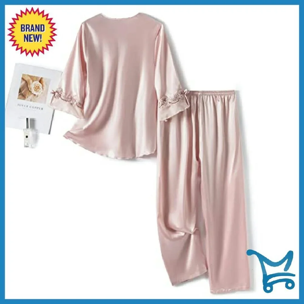 Women's Satin Pajama Set 3/4 Sleeve V-Neck Ruffle Sleepwear